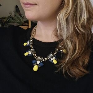J.Crew Blue Yellow Chunky Statement Bib Necklace Crystal Brass Tone Chain 18”